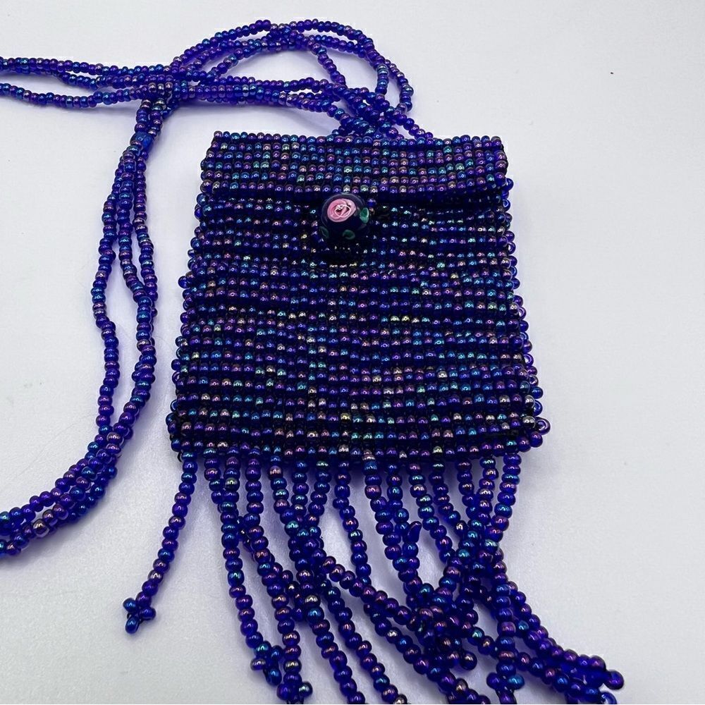 Vintage Purple Color Beaded Amulet Pouch Necklace with Rose Glass Bead - Picture 4 of 8